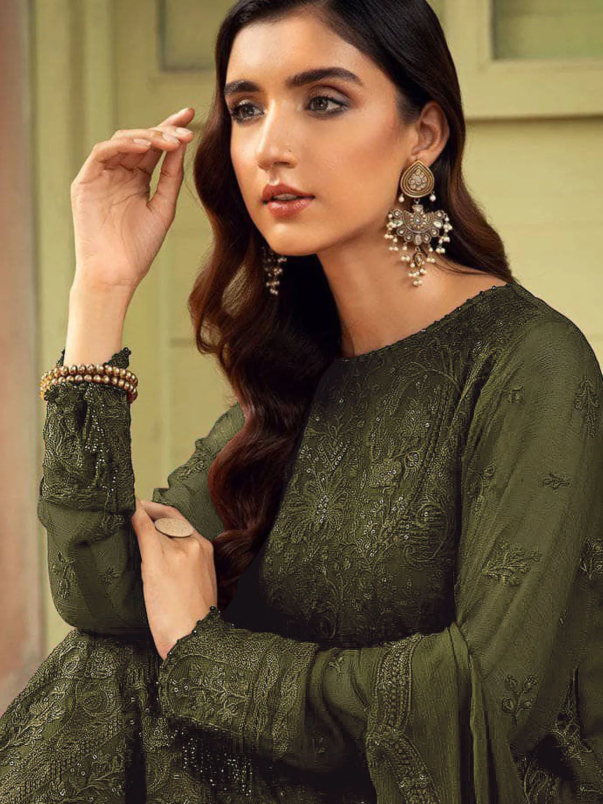 Odette Women Olive Green Embroidered Georgette Semi Stitched Suit