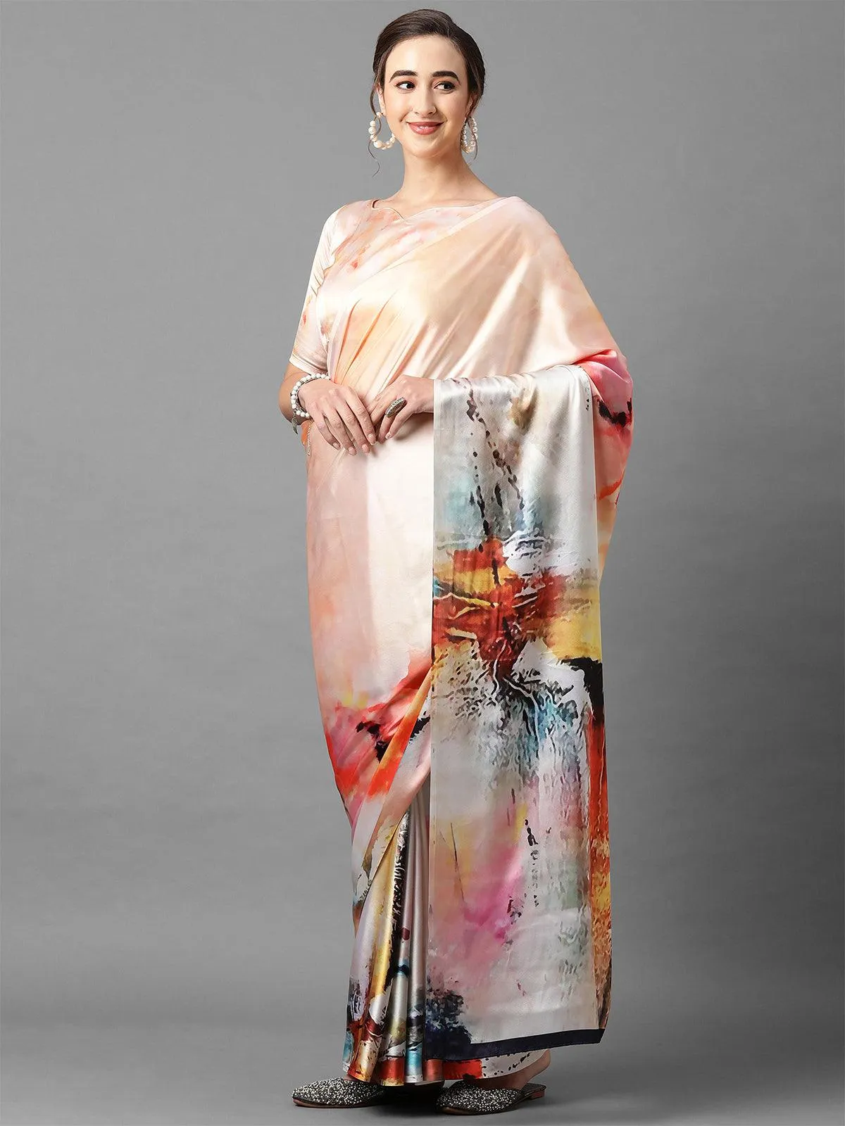 Odette Women Peach Festive Satin Silk Printed Saree With Unstitched Blouse