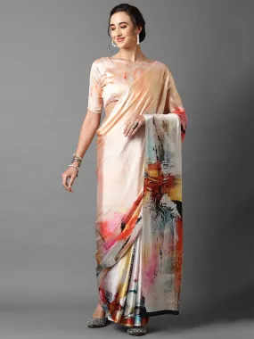 Odette Women Peach Festive Satin Silk Printed Saree With Unstitched Blouse