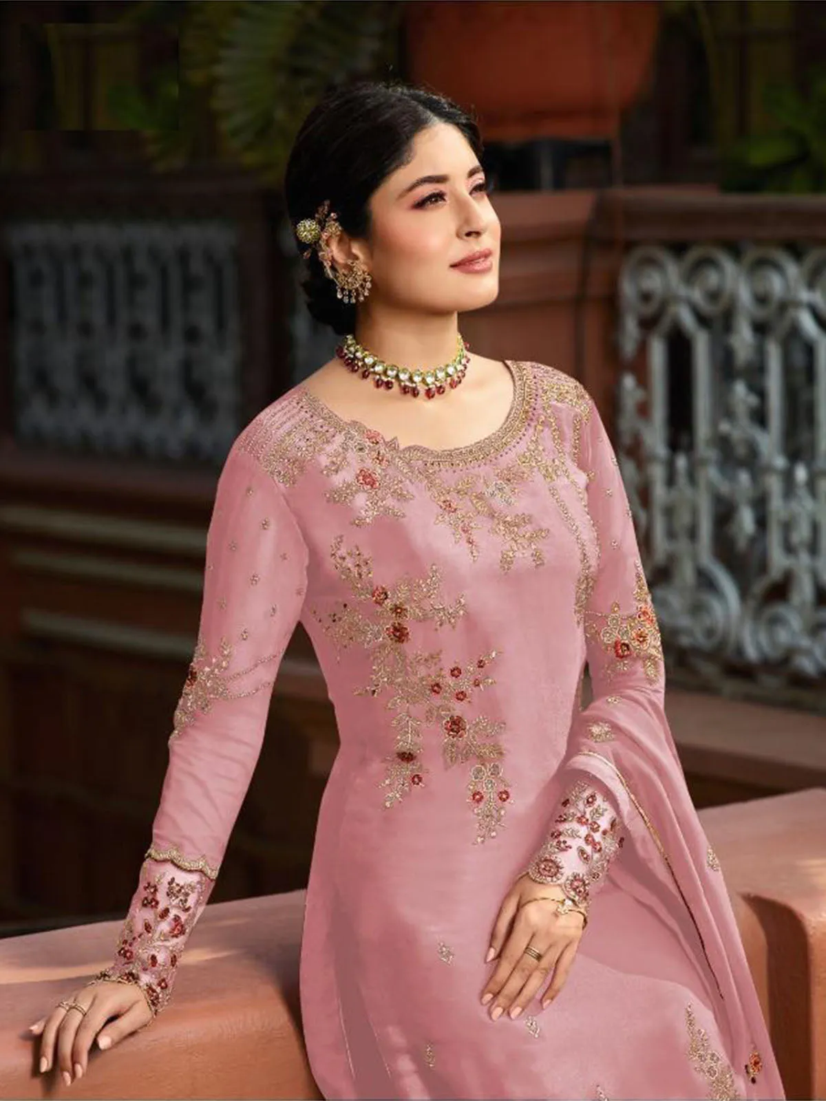 Odette Women Pink Color Georgette Straight Semi Stitched Salwar Kameez