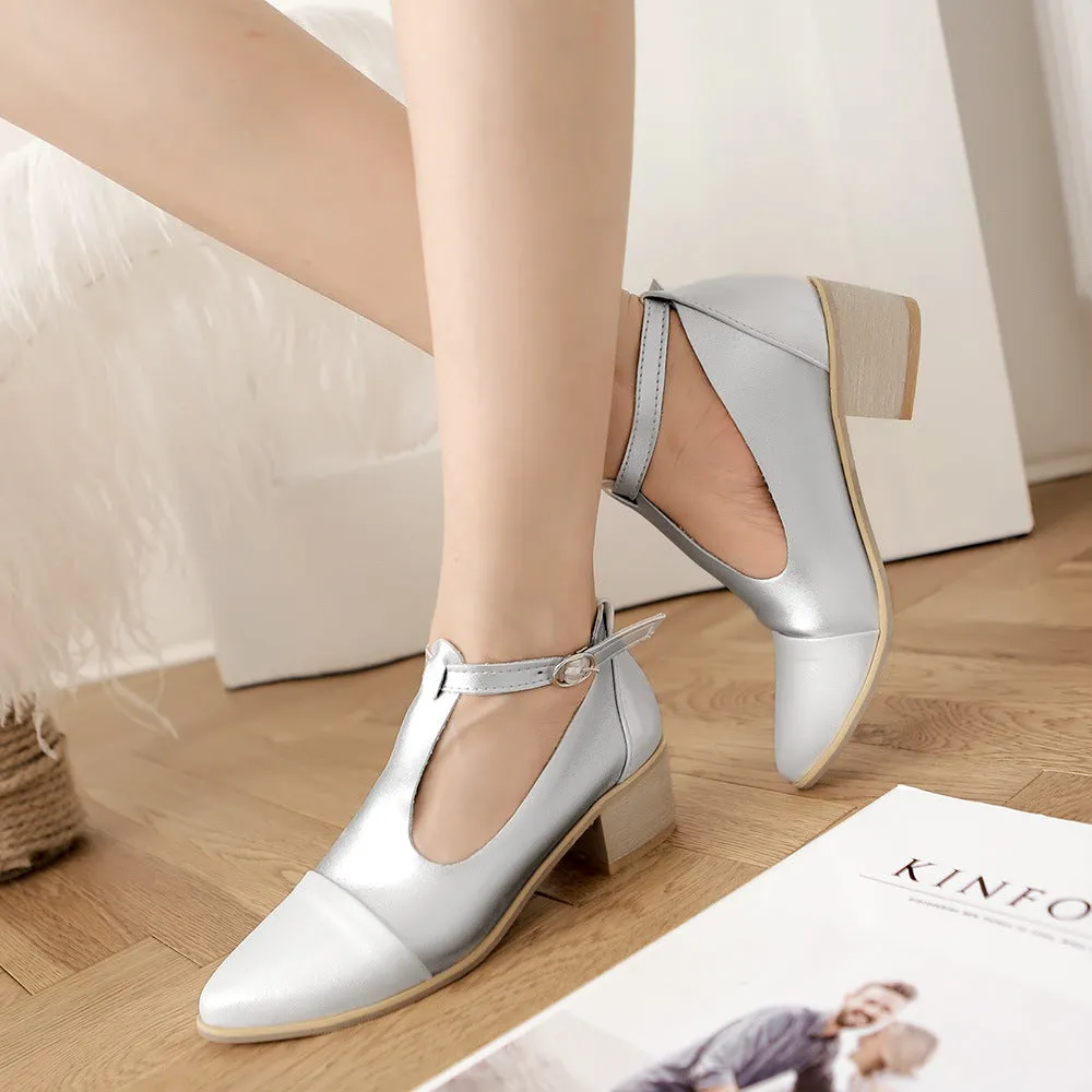 Pointed Toe T Straps Women Mid Heels Shoes 3165