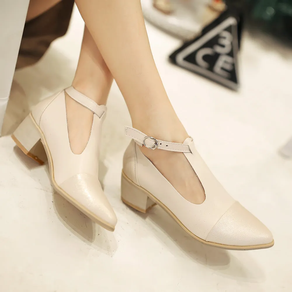 Pointed Toe T Straps Women Mid Heels Shoes 3165