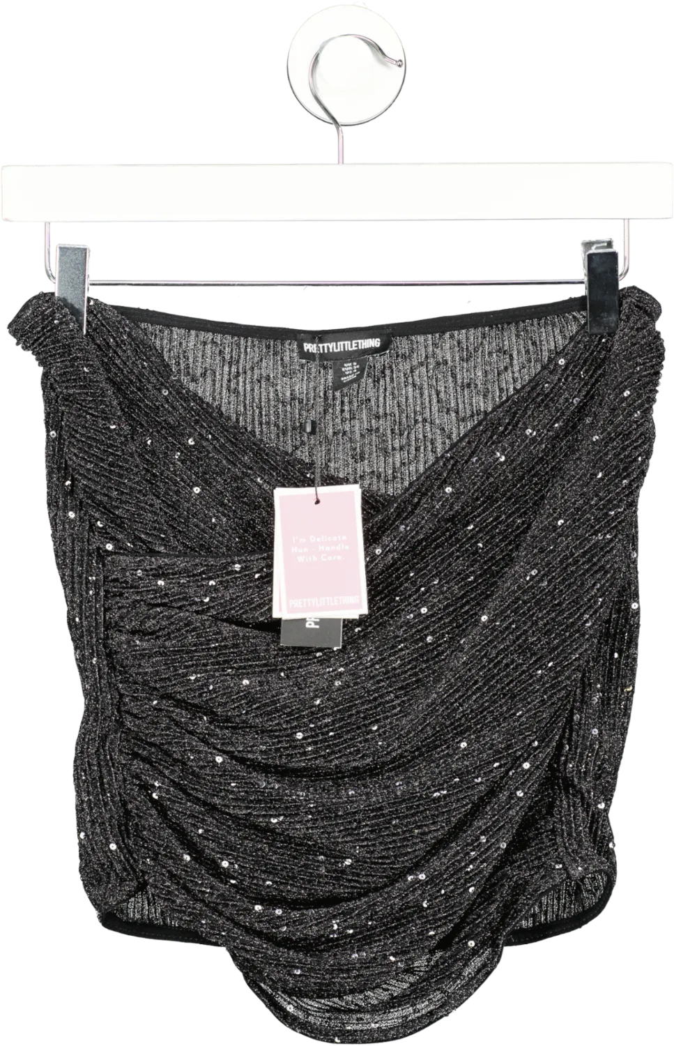 PrettyLittleThing Black Sequin Cross Over Mini Skirt UK 8