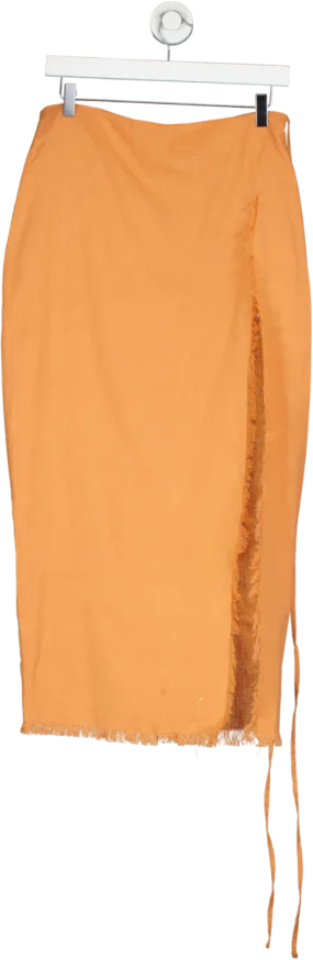 PrettyLittleThing Orange Clay Linen Feel Tie Side Bead Details Midi Skirt UK 10