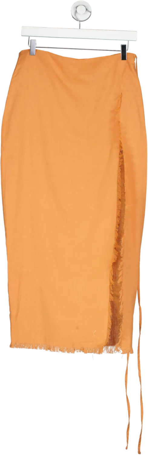 PrettyLittleThing Orange Clay Linen Feel Tie Side Bead Details Midi Skirt UK 10