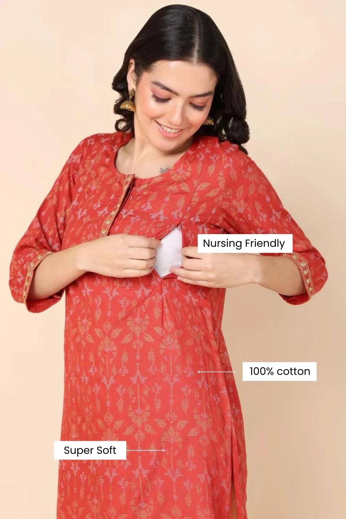 Red Short Maternity & Feeding Top with Pocket