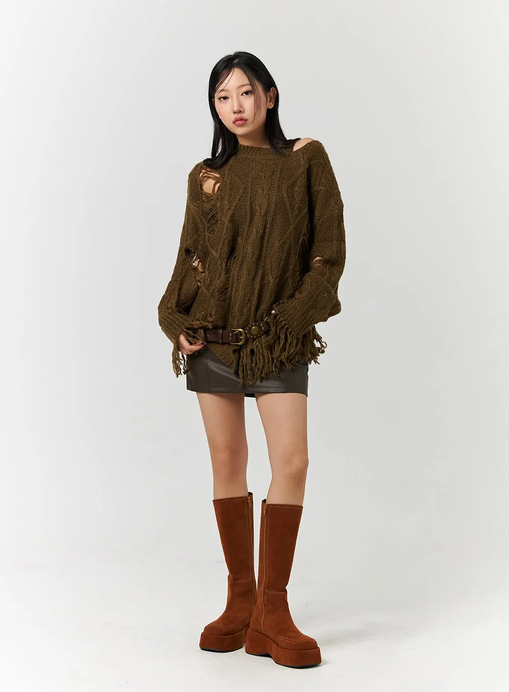 Round Neckline Distressed Knitted Long Sleeve Top CD328