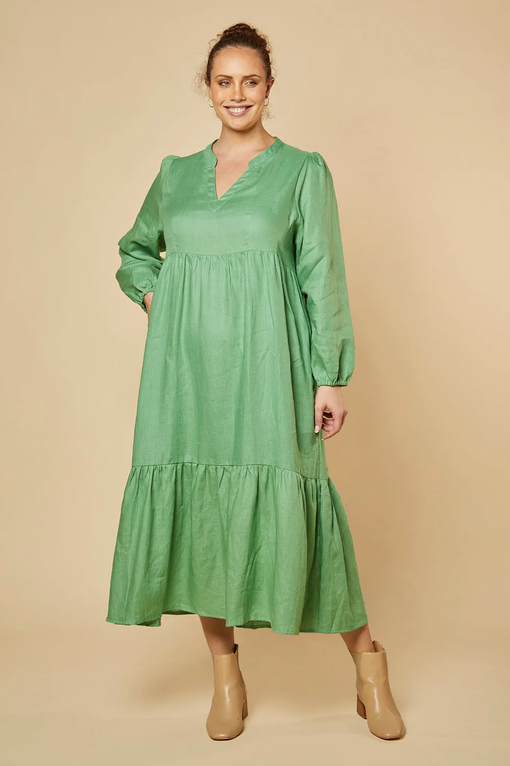 Sabre V-Neck Linen Dress in Jadesheen