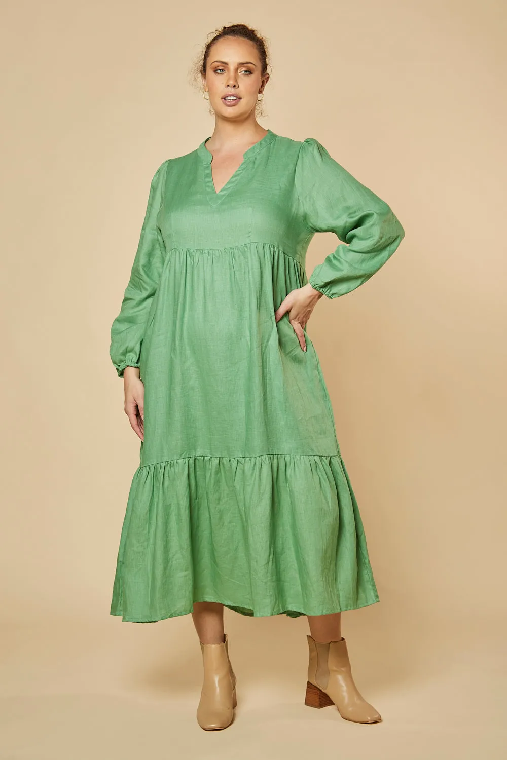 Sabre V-Neck Linen Dress in Jadesheen