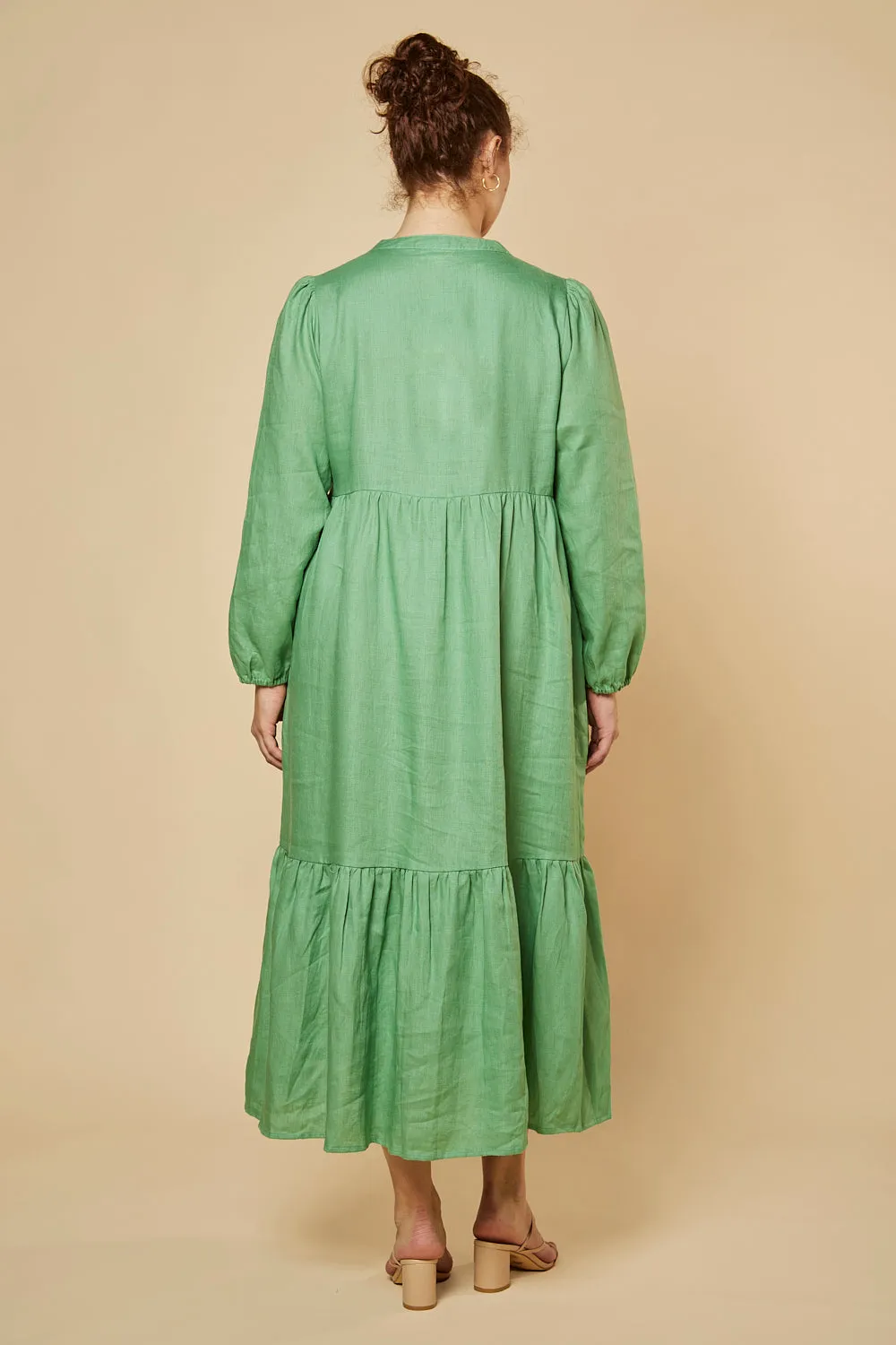 Sabre V-Neck Linen Dress in Jadesheen