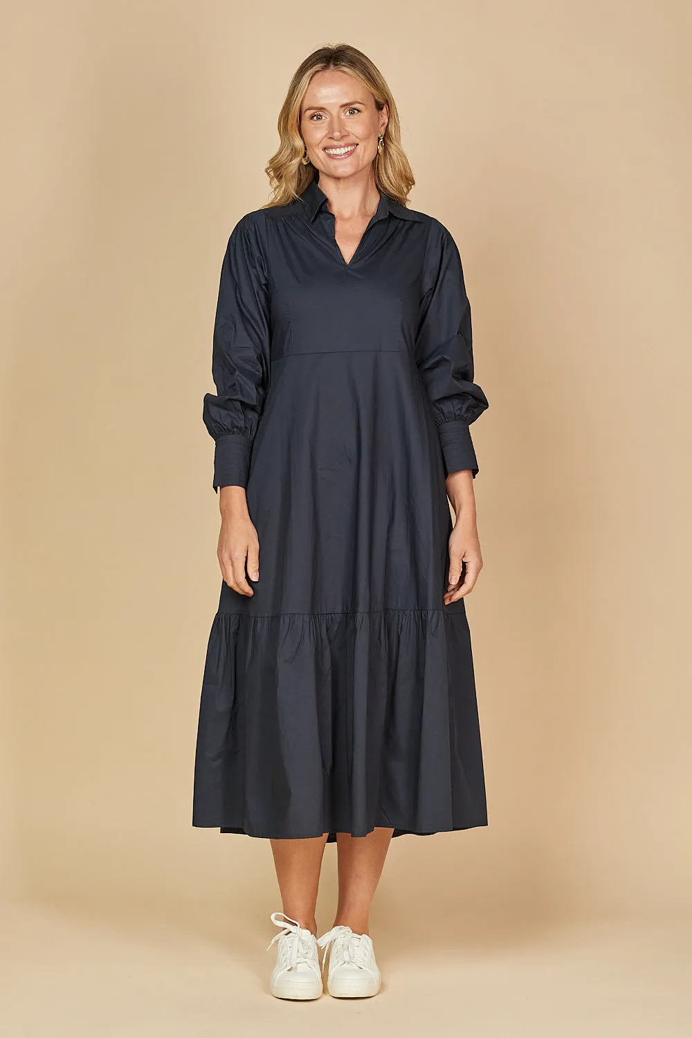 Sabre V-Neck Poplin Dress in Navy