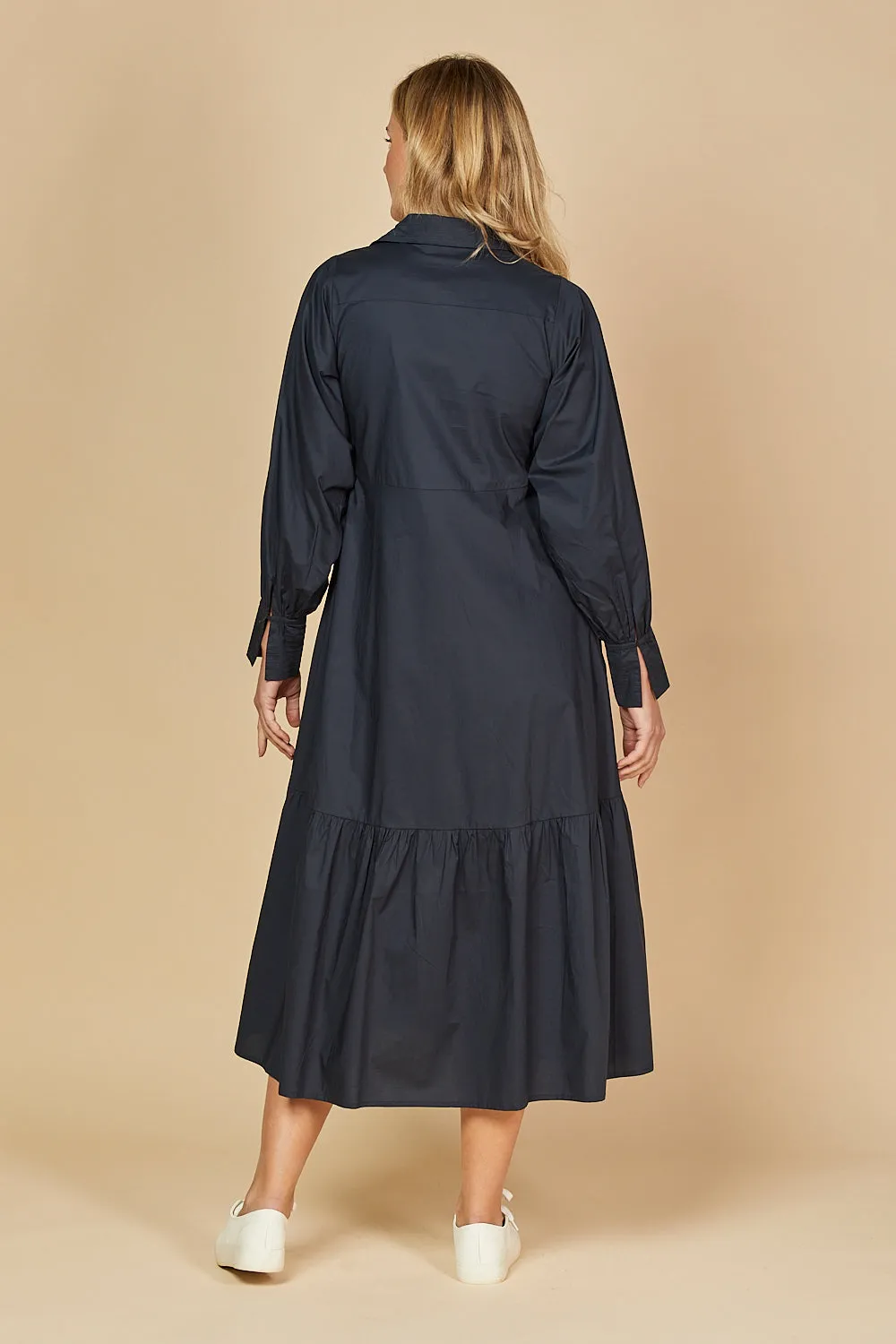 Sabre V-Neck Poplin Dress in Navy