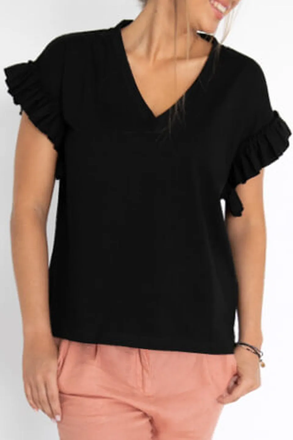 Santorini SS Ruffle V Neck Black Tee