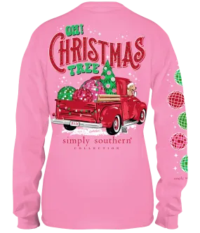 Simply Southern 100% Cotton Long Sleeve T-Shirt - 'Oh Christmas Tree' with Vintage Truck, Disco Ball, Christmas Trees, and a Dog