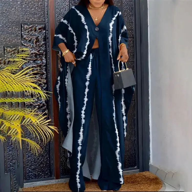 Tie dye dolman sleeve coat & wide leg pants in navy blue