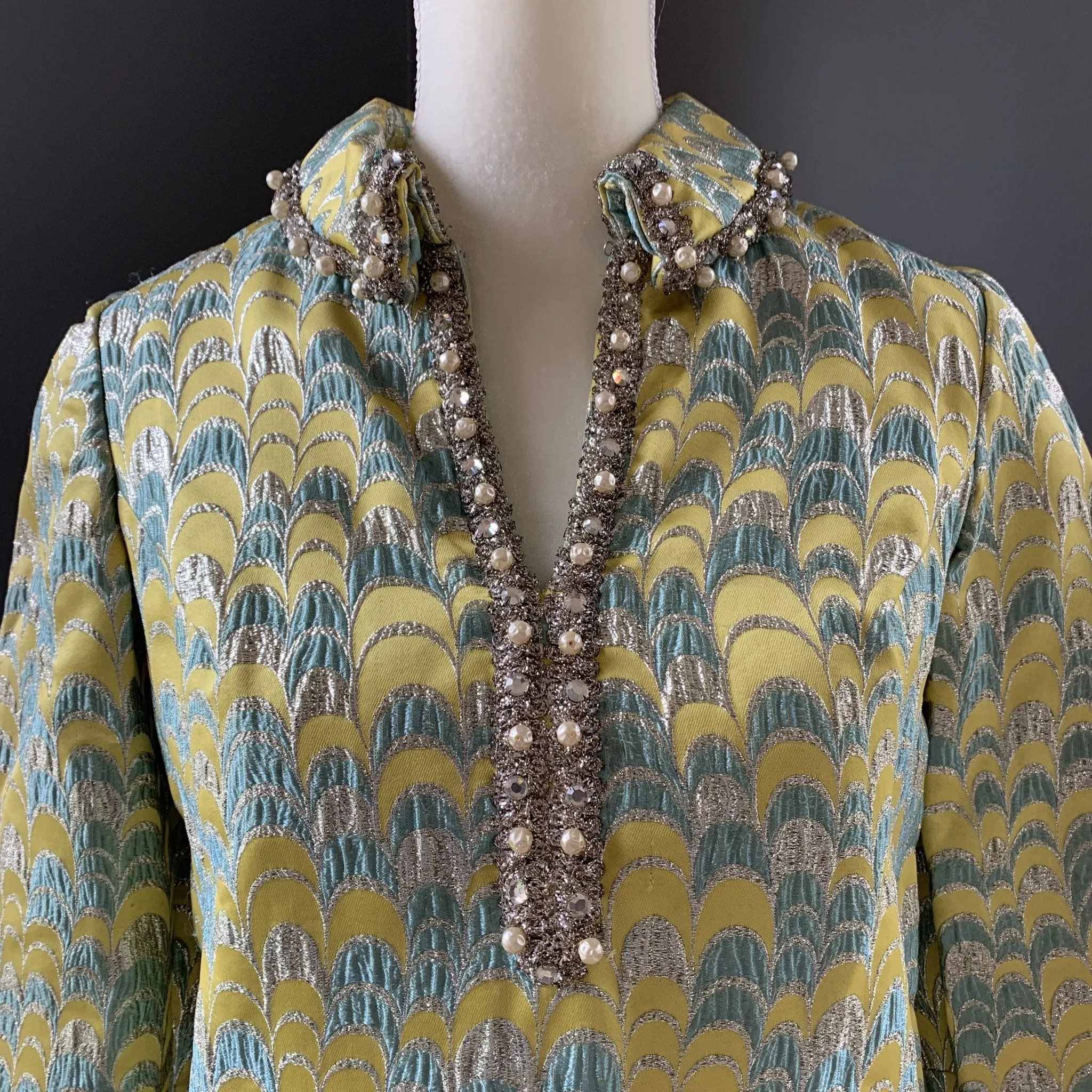 Vintage 1960s Brocade GoGo Shift Dress by Saks Fifth Avenue in a Yellow and Turquoise and Silver