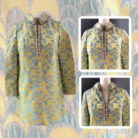 Vintage 1960s Brocade GoGo Shift Dress by Saks Fifth Avenue in a Yellow and Turquoise and Silver