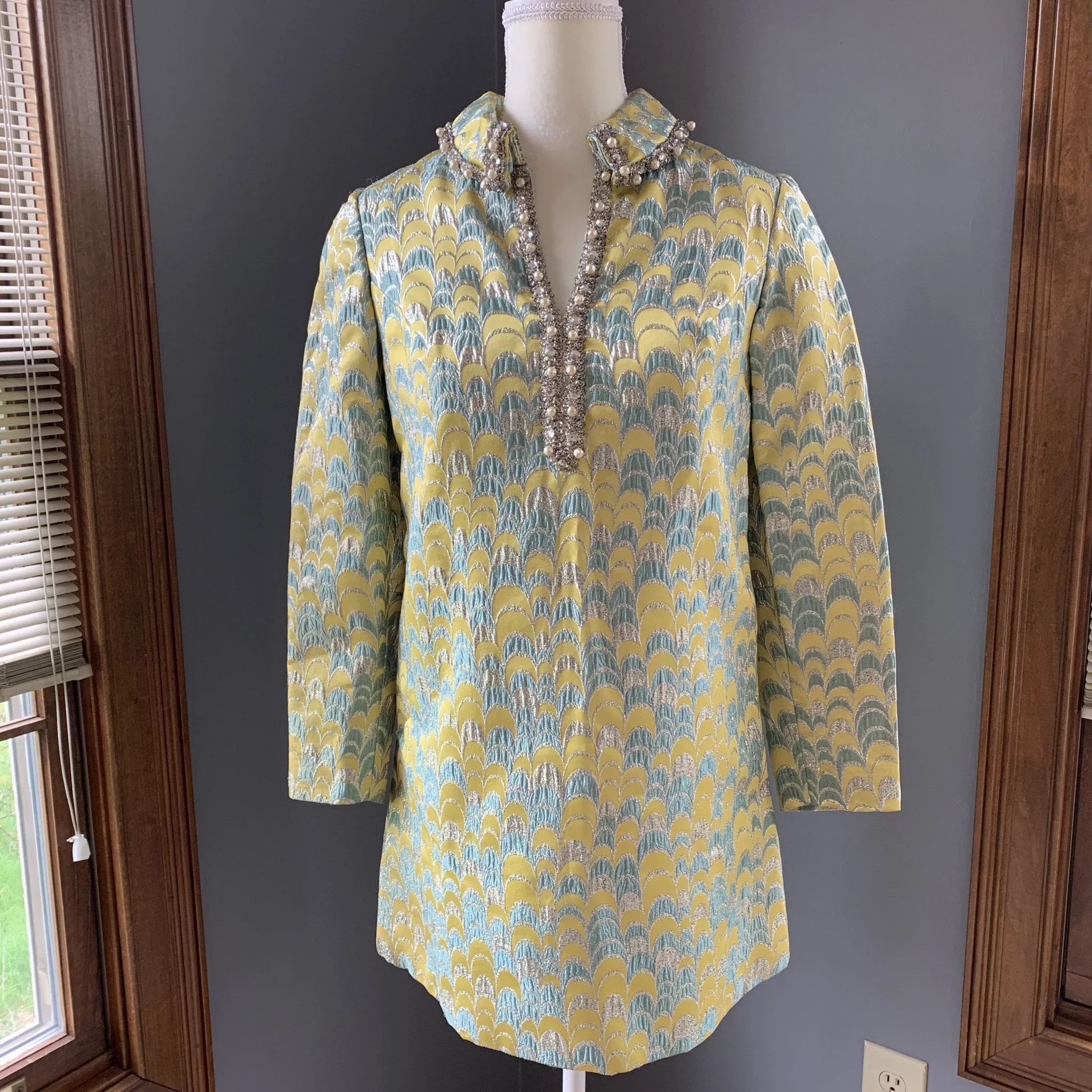 Vintage 1960s Brocade GoGo Shift Dress by Saks Fifth Avenue in a Yellow and Turquoise and Silver