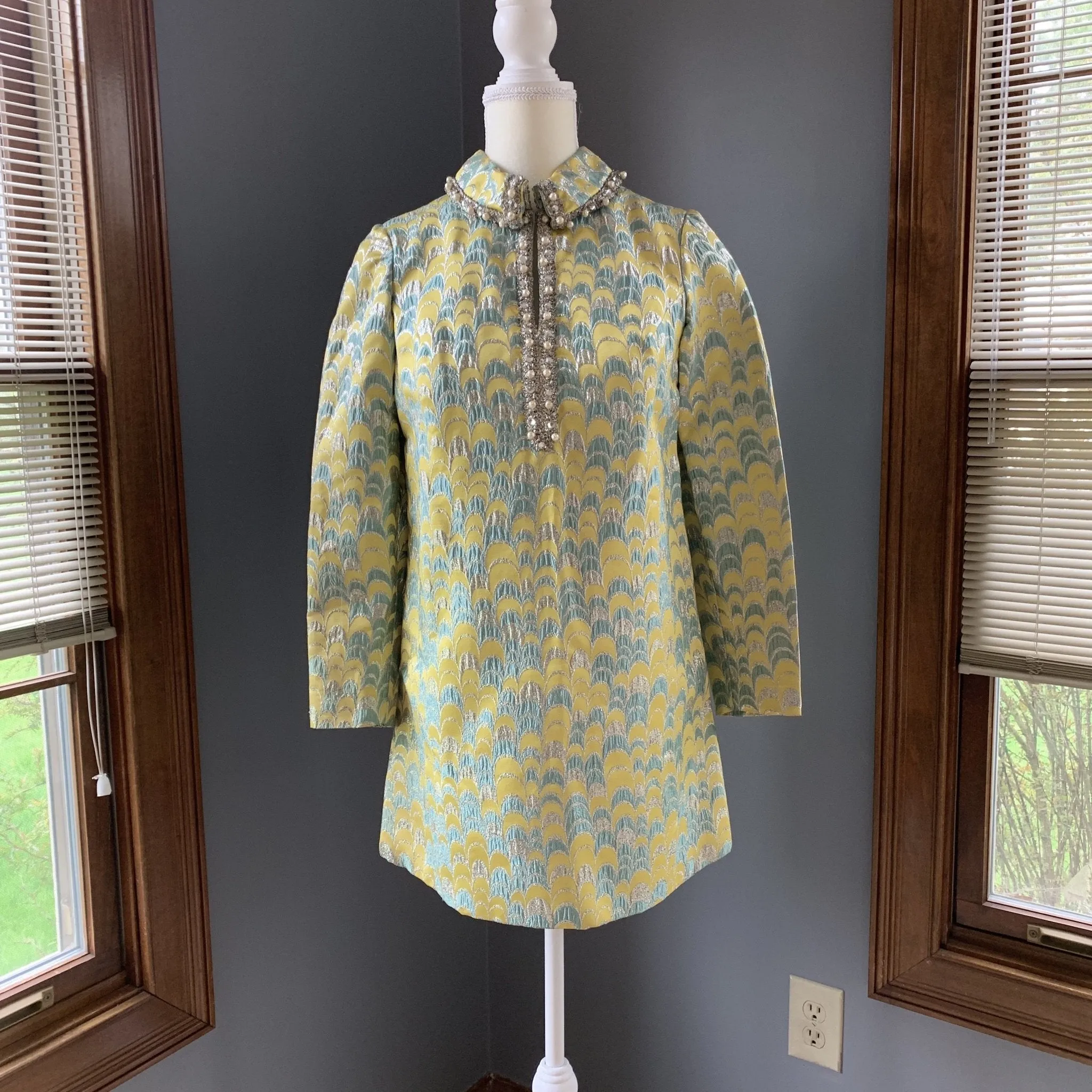 Vintage 1960s Brocade GoGo Shift Dress by Saks Fifth Avenue in a Yellow and Turquoise and Silver