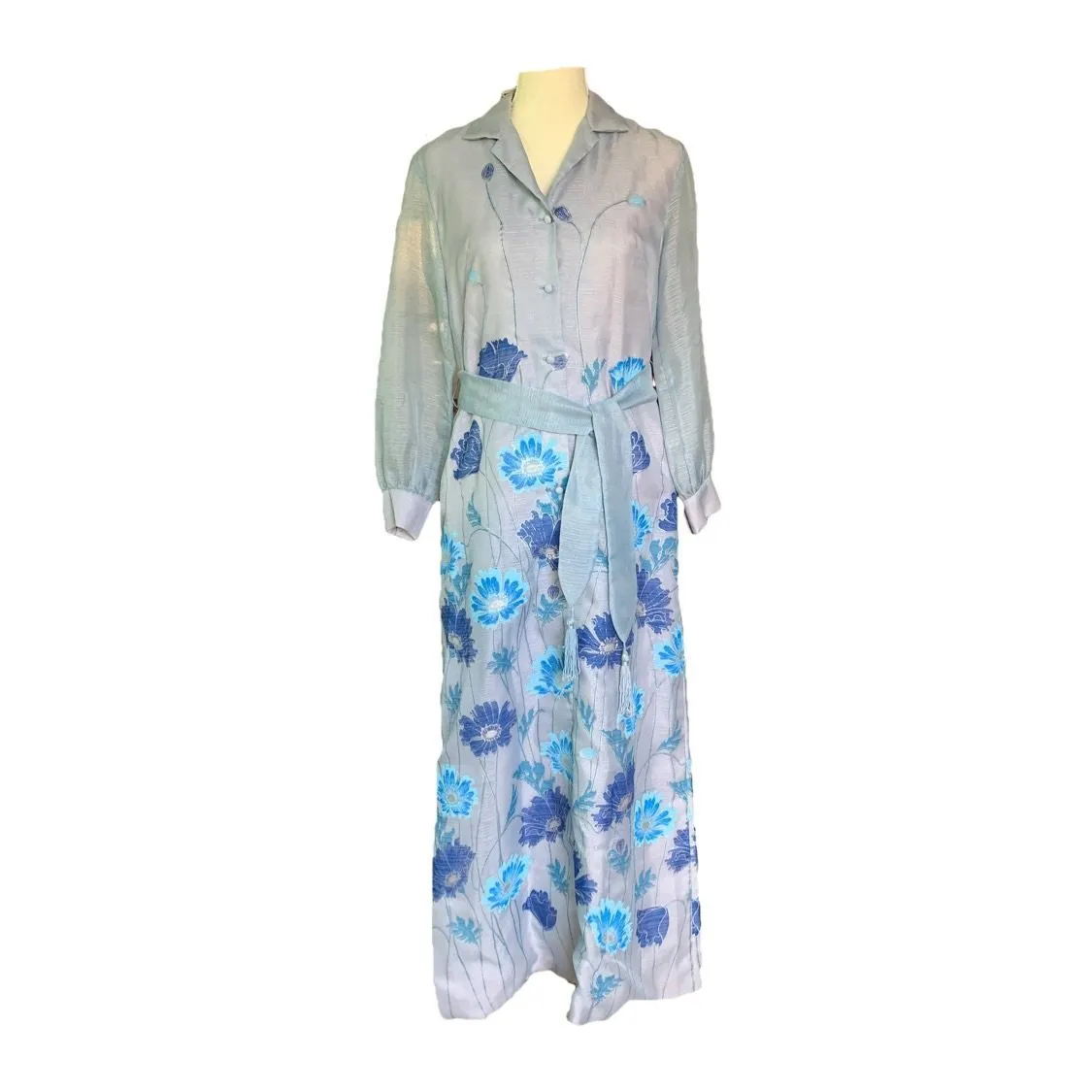 Vintage Shaheen Blue Floral Maxi Dress with a Large Butterfly Flower Print. Perfect Summer Dress!