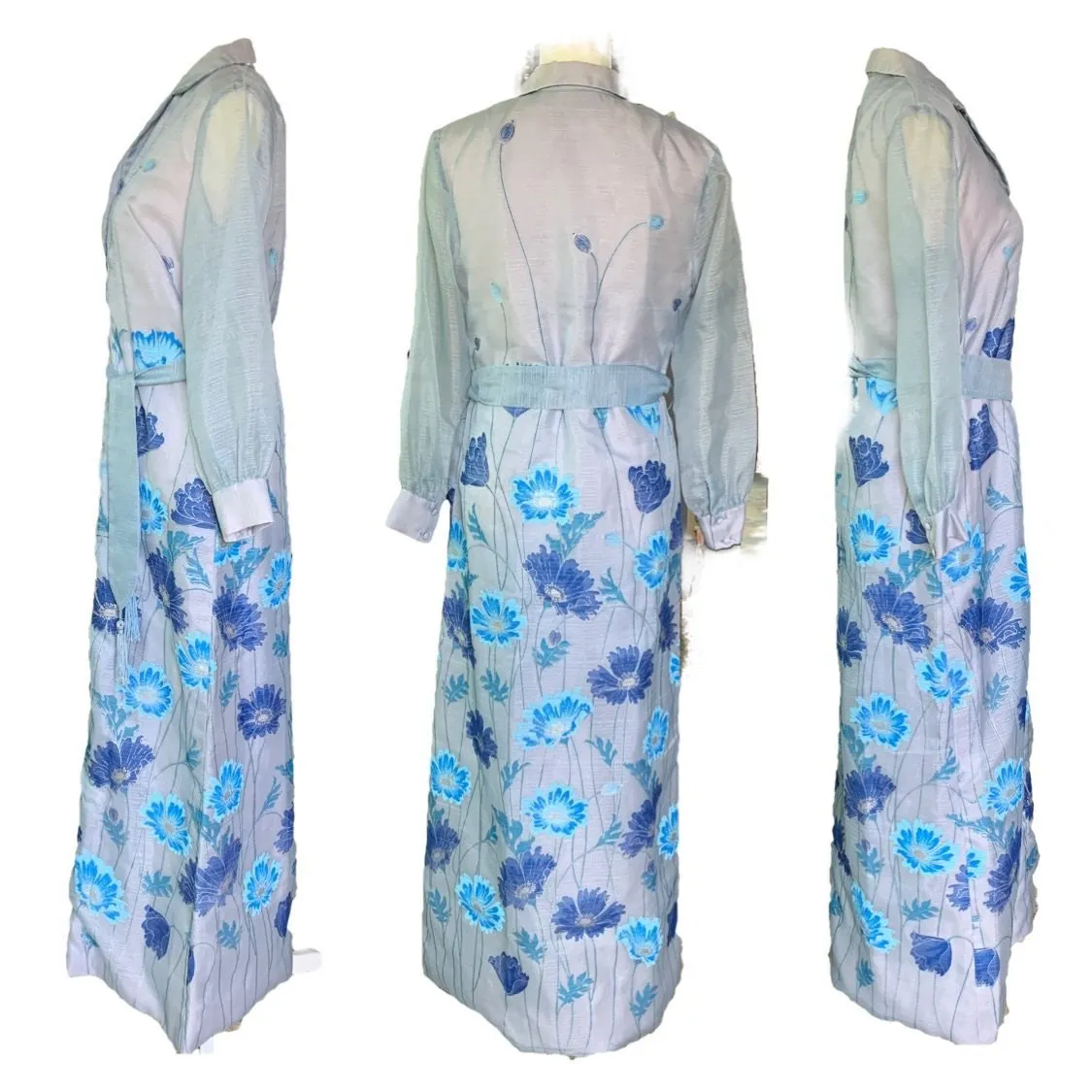 Vintage Shaheen Blue Floral Maxi Dress with a Large Butterfly Flower Print. Perfect Summer Dress!