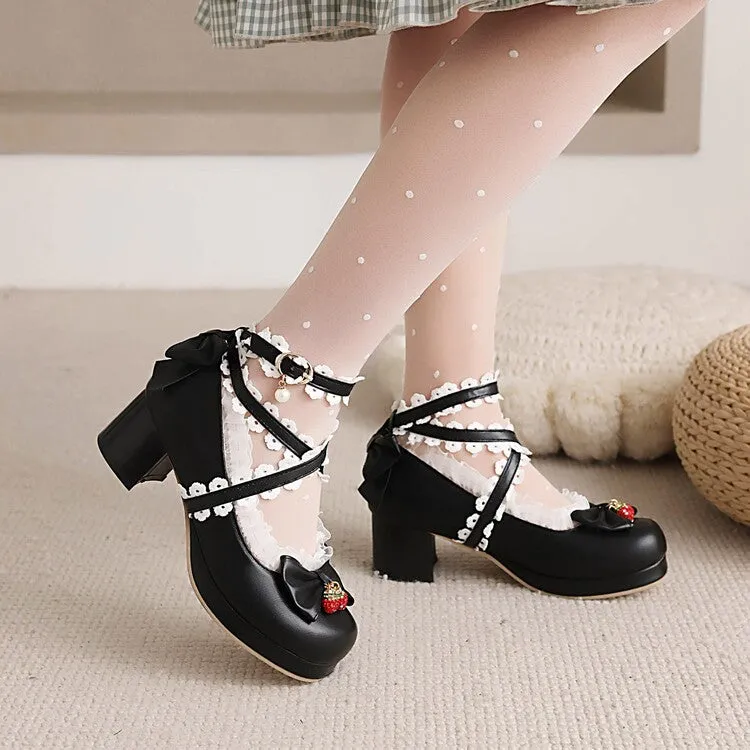 Women's Almond Toe Lace Bow Tie Chunky Heel Platform Pumps