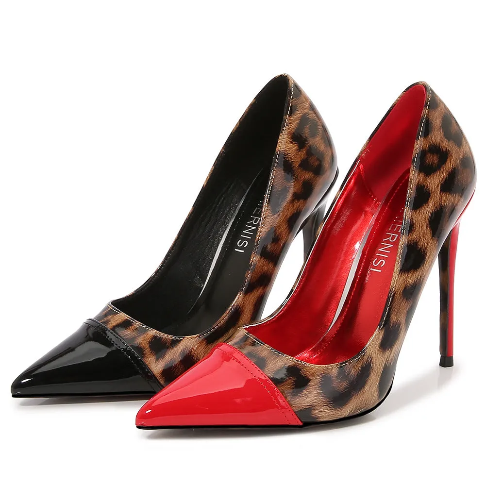 Women's Bicolor Pointed Toe Leopard Print Shallow Stiletto Heel Pumps