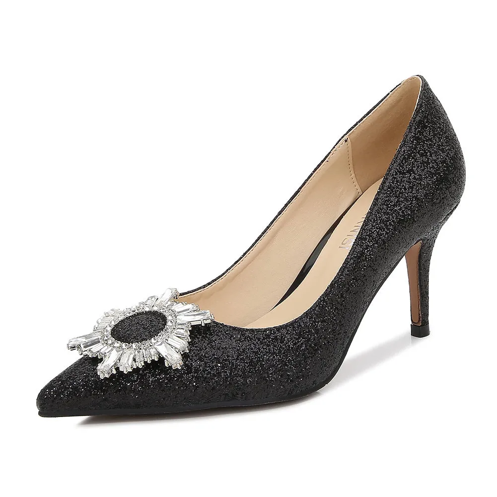 Women's Glittery Rhinestone Sunflower Shallow Stiletto Heel Pumps