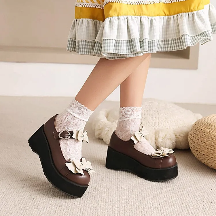 Women's Lolita Round Toe Bow Tie Wedge Heel Platform Pumps