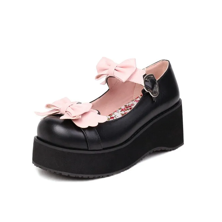 Women's Lolita Round Toe Bow Tie Wedge Heel Platform Pumps