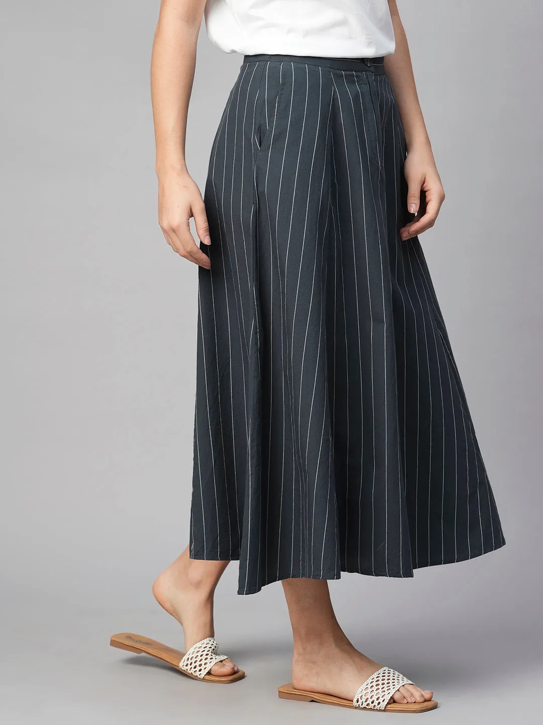 Women's Navy Cotton Flared Skirt