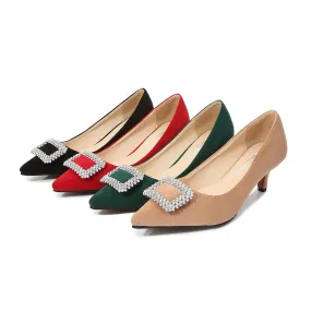 Women's Pointed Toe Rhinestone Square Buckles Shallow Kitten Heel Pumps