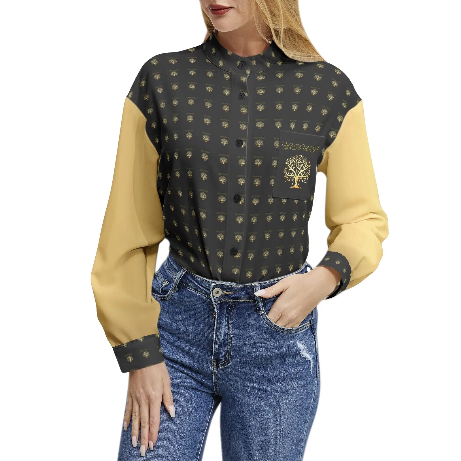 Yahuah-Tree of Life 01 Elect Ladies Designer Band Collar Long Sleeve Button Up Blouse